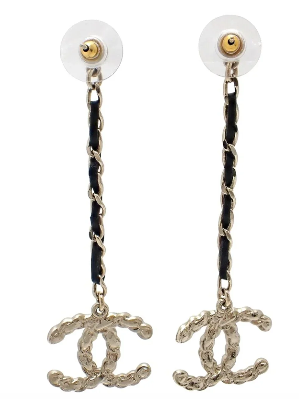 Authentic CHANEL Matelasse Vintage Chain link Gold Black Dangle Earrings